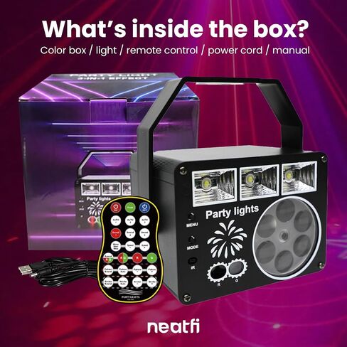 أضواء دي جي 3 في 1 من Neatfi مع جهاز تحكم عن بعد، وأضواء حفلات داخلية وخارجية، وإضاءة ديسكو، وأضواء كرة ديسكو ملونة للرقص، وحفلات أعياد الميلاد، والديكورات وأضواء المسرح (أسود) in Kuwait