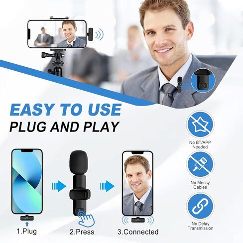 JYX 2 حزمة من ميكروفونات Lavalier اللاسلكية لأجهزة iPhone وiPad - انقر احترافيًا على الميكروفونات للتسجيل، ميكروفون ذو طية صدر السترة 2.4G شريحة مدمجة لتقليل الضوضاء للتأخير المنخفض للبودكاست ومدونة الفيديو in Kuwait