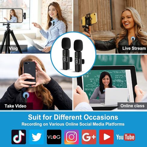 JYX 2 حزمة من ميكروفونات Lavalier اللاسلكية لأجهزة iPhone وiPad - انقر احترافيًا على الميكروفونات للتسجيل، ميكروفون ذو طية صدر السترة 2.4G شريحة مدمجة لتقليل الضوضاء للتأخير المنخفض للبودكاست ومدونة الفيديو in Kuwait
