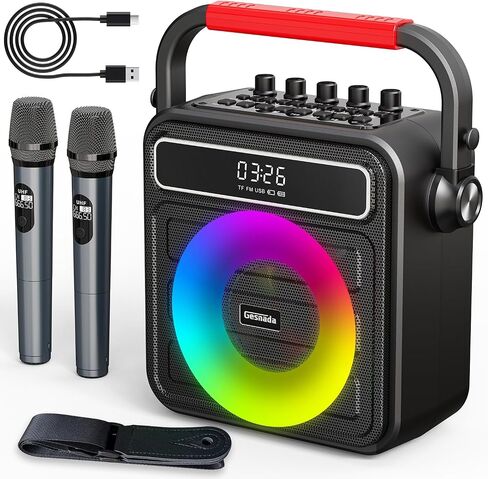 Karaoke Machine for Adults & Kids, w/ 2 Wireless Microphones & Bass/Treble Adjustable Portable Bluetooth Speaker PA System w/RGB LED Lights SYNC Melody, Ideal for Gatherings Courtyard Outdoor & Gift in Saudi Arabia