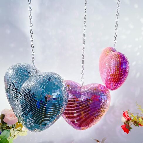 6 Inch Pink Heart Shaped Disco Balls with Chain for Party, Handmade Gifts Mirror Disco Ball for Decor, Room, Wedding, Garden, Retro Reflective Disco Ball, Disco Ball Decorations in Kuwait