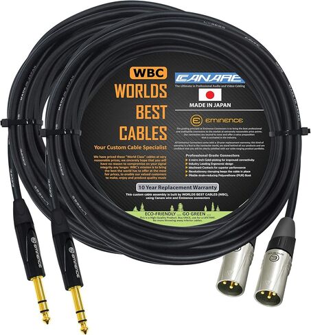 WORLDS BEST CABLES 2 Units - 50 Foot - Canare L-4E6S, Star Quad Balanced XLR to TRS Patch Cable with Eminence Gold E311 Male XLR & E502 TRS Stereo Plugs - Custom Made in Saudi Arabia