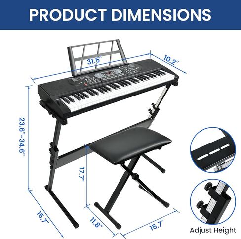 61 لوحة مفاتيح بيانو، مجموعة لوحة مفاتيح بيانو كهربائية مع 200 صوت، 200 إيقاع - تتضمن حامل بيانو، مقعد، ميكروفون، هدية للمبتدئين، أسود in Kuwait