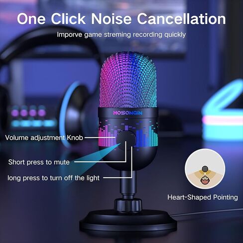 ميكروفون USB من HOSONGIN، التوصيل والتشغيل لأجهزة الكمبيوتر الشخصية وأجهزة Mac، ميكروفون ألعاب Podcast مع تقليل الضوضاء، شاشة في الوقت الحقيقي، كتم الصوت السريع، أضواء متدرجة in Kuwait