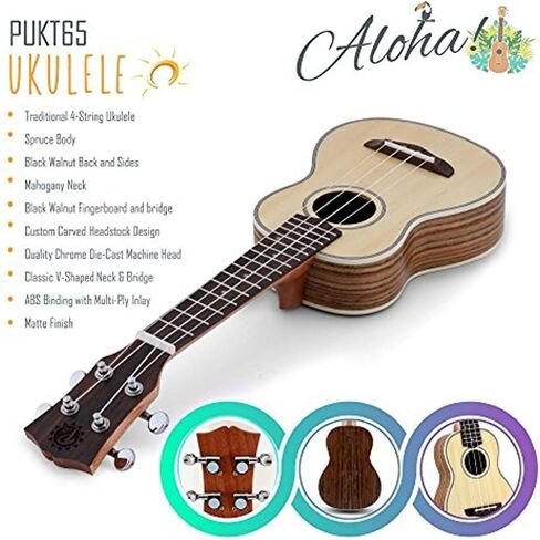 Pyle Solid Wood Spruce Soprano Ukulele - Professional Instrument with Spruce Face, Mahogany Neck, Black Walnut Fingerboard & Bridge - Pyle Pro PUKT65 in Saudi Arabia