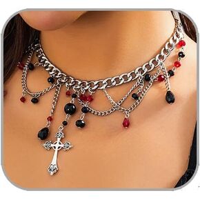 Gothic Cross Necklace Layered Pearl Beads Cross Pendant Necklaces Punk Vintage Cross Chain Necklace Chunky Cross Necklace for Women