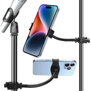 Mic Stand Phone Holder, Cell Phone Holder for Mic Stand, Adjustable Flexible Pole Phone Mount for Microphone, Music, Drum Stand, for Smartphone (Phone Holder)