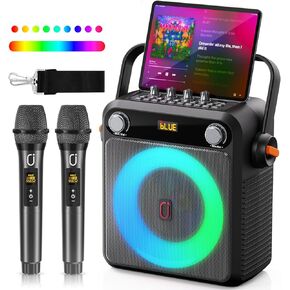 Karaoke Machine, Portable Bluetooth Speaker with 2 Wireless Microphones for Adults & Kids, Karaoke Microphone with PA System, Bass/Treble Adjustment, DJ Light for Home Party, Support USB/TF/AUX