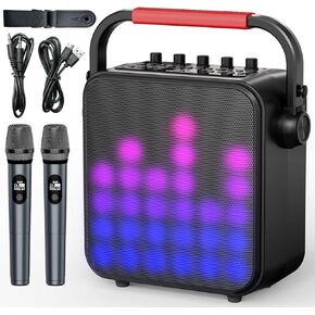 Karaoke Machine for Adults & Kids with Full-Screen LED Lights, Portable Bluetooth Speaker with 2 Wireless Microphones, Bass/Treble Adjustment, Supports REC/TWS/FM/AUX/USB/IF Card for Home Party