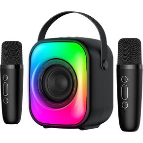 Mini Karaoke Machine with Two Wireless Microphones, Portable Bluetooth Speaker for Adults and Kids, Karaoke Microphone with LED, Speaker Supports for TF Card/USB, AUX in (Black)