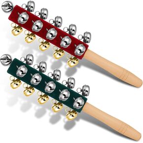 2 Pcs Christmas Hand Jingle Bells Wooden Handhold Sleigh Bells Jingle Bells Stick Shaker Rattle Musical Percussion Instrument for Christmas Party Favors Birthday Gifts Children Toys (Red and Green)
