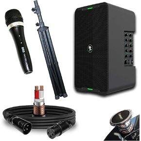 Mackie ShowBox All-in-One Battery Powered Performance Rig with Bluetooth Bundle with Pro XLR Mic Cable, Dynamic Microphone, and Adjustable Speaker Stands - Complete Live Sound