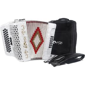 34 Key Diatonic Accordion 12 Bass 3-Row Diatonic Accordion Instruments for Adults with Suitcase and Straps (White FBE Key)