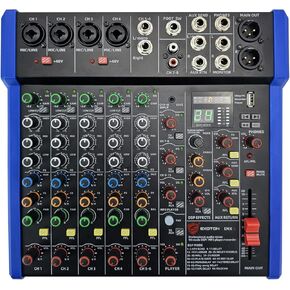 EXOTON Professional Audio Mixer Console, 6 Channel with USB, Bluetooth, MP3 Input, 48V Phantom Power, Ideal for Studio, Live Performance, and DJ Use