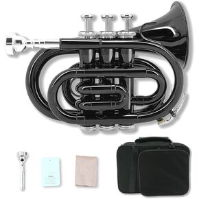 Yinfente B Flat Pocket Trumpet Bass Trumpet For Beginner,Student With Cleaning cloth, Silver plated 7C mouthpiece,hard case White gloves (Blue)