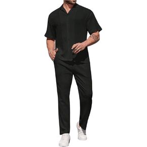 Men's 2 Piece Outfits Textured Short Sleeve Button Down Shirt and Drawstring Waist Pants Beach Outfits