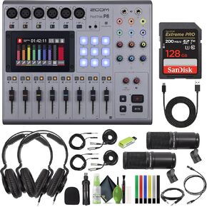 Zoom PodTrak P8 Portable Multitrack Podcast Recorder + 2x Zoom ZDM-1 Podcast Mic Pack + Balanced Interconnect, 1/4 inch TRS + 10ft USB Type A to USB Type C cable - Black + More