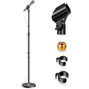 Microphone Stand Mic Floor Stand, Adjustable Height from 39" to 66" 180° Rotatable Mic Clip Heavy Duty Round Base Mic Boom Stand for Stage Studios