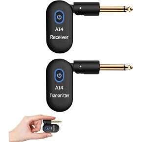 A14 Wireless Guitar System 2.4GHz 2 Modes, Thumb-Size, 90° Rotatable, Rechargeable Li-Battery, 100ft Range, 10H, Plug & Play for Guitar, Bass, Violin, Keyboard - Black