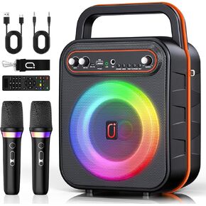 Karaoke Machine with 2 Wireless Microphones, Portable Bluetooth Speaker for Adults & Kids with RGB Light PA System Treble&Bass, Support TWS/USB/AUX/TF Card/REC, Supply for Home Party Outdoors