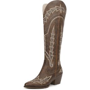 Women Mid Calf High Cowboy Boots Cowgirl Boots, Western Country Embroidery Stitching, Low-Heel Sexy Fashion, Round Toe Side Zippers Chunky Heel Pull On Stretchy Brown