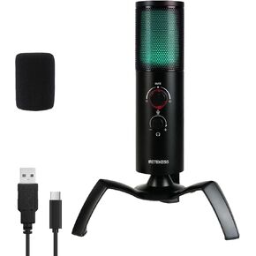 Retekess TG101 RGB USB Condenser Gaming Microphone, Mic for Gaming, 2 Capsule Array - 96dB S/N Clear Sound Quality, Sturdy Metal Body, Built-in Shock Mount, Microphone for PC, PS4/5