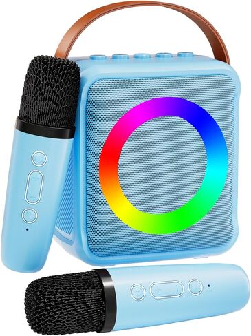 Mini Karaoke Machine for Kids Adults, Portable Bluetooth Speaker with 2 Wireless Microphones, Microphone Speaker Set with LED Lights for Home Party, Birthday Gifts for Girls Boys Kid(Blue) in Saudi Arabia