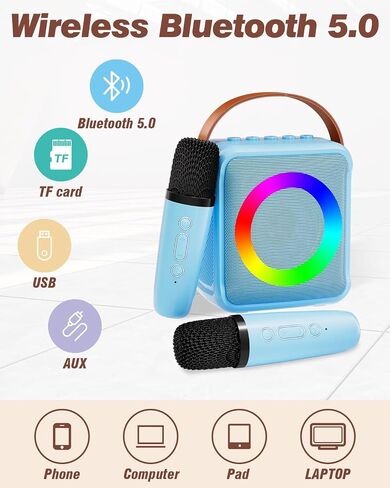 Mini Karaoke Machine for Kids Adults, Portable Bluetooth Speaker with 2 Wireless Microphones, Microphone Speaker Set with LED Lights for Home Party, Birthday Gifts for Girls Boys Kid(Blue) in Saudi Arabia