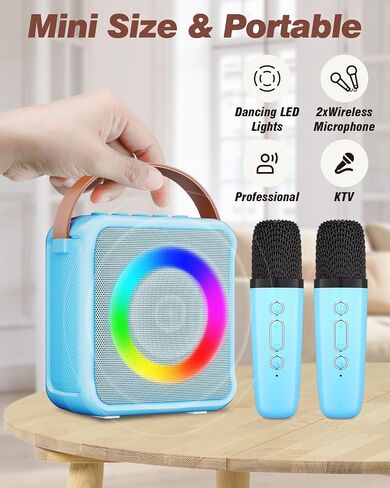 Mini Karaoke Machine for Kids Adults, Portable Bluetooth Speaker with 2 Wireless Microphones, Microphone Speaker Set with LED Lights for Home Party, Birthday Gifts for Girls Boys Kid(Blue) in Saudi Arabia