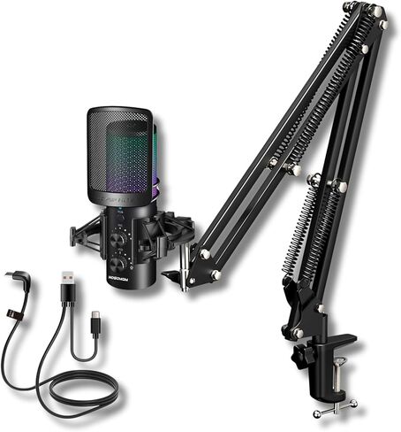 ميكروفون HOSONGIN مع ذراع بوم، وميكروفونات مراقبة ألعاب USB، وميكروفون مكثف لإلغاء الضوضاء، وإضاءة RGB، وأذرع بوم للبث والبث والألعاب وتسجيل الاستوديو عبر المنصات in Kuwait
