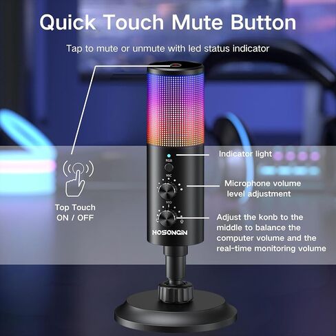 ميكروفون HOSONGIN مع ذراع بوم، وميكروفونات مراقبة ألعاب USB، وميكروفون مكثف لإلغاء الضوضاء، وإضاءة RGB، وأذرع بوم للبث والبث والألعاب وتسجيل الاستوديو عبر المنصات in Kuwait