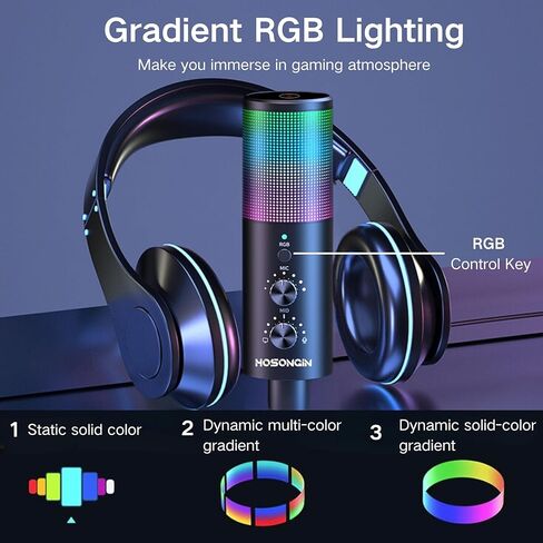 ميكروفون HOSONGIN مع ذراع بوم، وميكروفونات مراقبة ألعاب USB، وميكروفون مكثف لإلغاء الضوضاء، وإضاءة RGB، وأذرع بوم للبث والبث والألعاب وتسجيل الاستوديو عبر المنصات in Kuwait