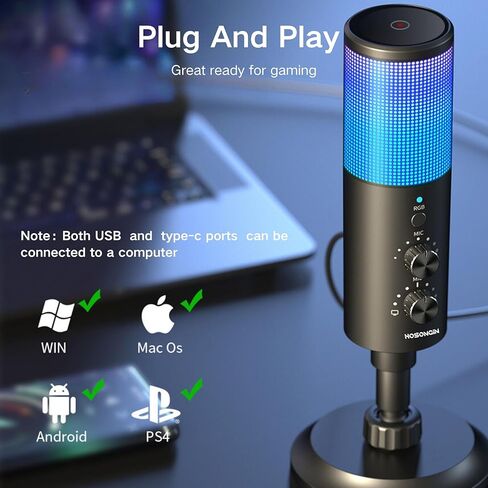 ميكروفون HOSONGIN مع ذراع بوم، وميكروفونات مراقبة ألعاب USB، وميكروفون مكثف لإلغاء الضوضاء، وإضاءة RGB، وأذرع بوم للبث والبث والألعاب وتسجيل الاستوديو عبر المنصات in Kuwait