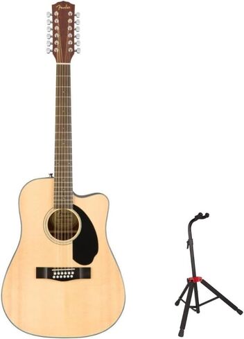جيتار كهربائي صوتي مكون من 12 وترًا من Fender مصنوع من خشب الجوز ولوحة أصابع من خشب الماهوجني مع حامل جيتار Fender، قابل لضبط الارتفاع مع معدن قوي in Saudi Arabia