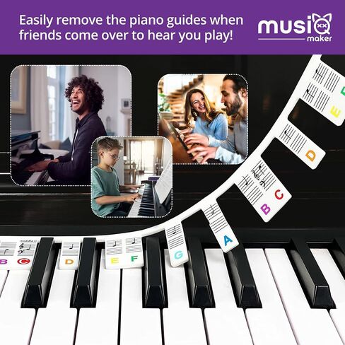 ملصقات ملاحظات لوحة مفاتيح البيانو القابلة للإزالة من MUSIQ MAKER للتعلم - دليل ملاحظات البيانو والمفاتيح للوحات مفاتيح كاملة الحجم مكونة من 88 مفتاحًا. قل وداعًا لملصقات لوحة مفاتيح البيانو. in Saudi Arabia