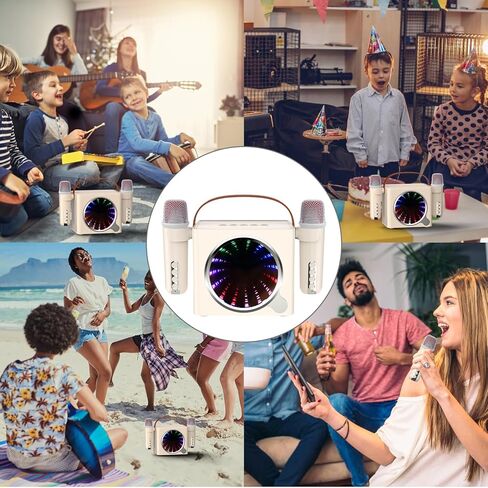 Karaoke Machine for Adults & Kids, Portable Bluetooth Mini Karaoke Speaker with 2 Wireless Mics and LED Color Lights PA System Speaker, Treble for Party/Meeting/Adults/Kids/Family(White) in Saudi Arabia