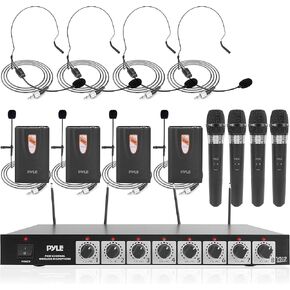 Pyle 8 Channel Wireless Microphone System - Professional VHF Audio Mic Set with 1/4", XLR Jack - 4 Headset, 4 Clip Lavalier, 4 Handheld Mic, 4 Transmitter, Receiver - for Karaoke PA, DJ PDWM8700