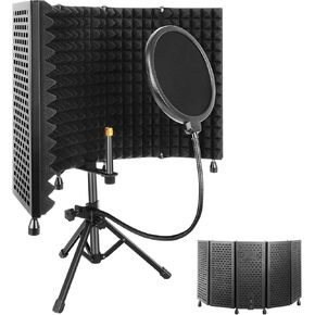 Studio Recording Microphone Isolation Shield with Pop Filter and Tripod Stand, High Density Absorbent Foam to Filter Vocal, Foldable Sound Shield for Blue Yeti and Condenser Microphones