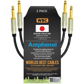 WORLDS BEST CABLES 2 Units - 6 Inch - Pedal, Effects, Patch, Instrument Cable Custom Made Using Mogami 2319 Wire & Amphenol ACPM-GN-AU M-Series Straight Gold TS Plugs
