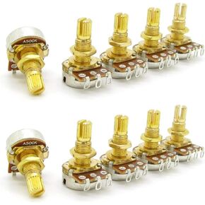 Pro Brass Shaft Full Metric Size A500K Guitar Pots Audio Taper Potentiometers for Electric Guitar/Bass, Pack of 10, Gold