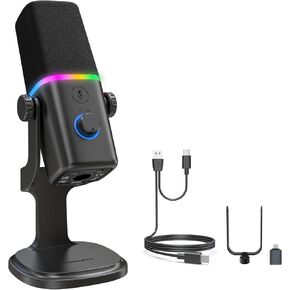 XLR/USB Dynamic Microphone for Gaming Podcast,Mic for iPhone Phone PC Computer Gaming Streaming Microphone with RGB Light,Mute Button,Mic Gain,Headphones Jack,Desktop Stand,Singing YouTube