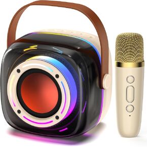 Karaoke Machine with 1 Wireless Mircophone for Adults Kids, Portable Bluetooth Karaoke Speaker with 3.5" Full-Range Speaker and Colorful LED Lights, Support USB/TF Card/AUX (Cool Beige)