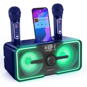 آلة كاريوكي BIGASUO للبالغين والأطفال مكبر صوت بلوتوث محمول مع 2 ميكروفونات لاسلكية UHF أضواء LED نظام الغناء PA للمنزل وحفلات الزفاف والكنيسة والنزهة الخارجية/الداخلية KA215 in Kuwait
