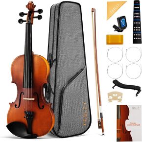 Fesley Violin Fiddle Beginner Set: 1/4 Matt Violin Kit for Student, Acoustic Violin with Hard Case, Solidwood Hand Made Violin Starter Kit with Violin Bow, Rosin, Shoulder Rest, Tuner, Extra Strings