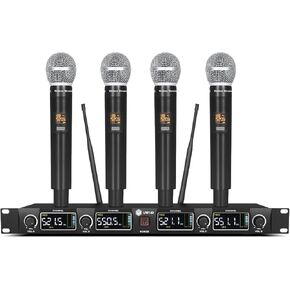 UW140 Wireless Microphone System, 4-Channel UHF Cordless Mic Set with Four Handheld Mics,Adjustable Frequency, Long Range 260ft, Ideal for Church,Karaoke,Weddings, Events