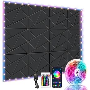 12 Pack Self-Adhesive Acoustic Panels with 16ft Led Strip Lights RGB Music Sync Color Changing,Bluetooth Led Lights with Smart App Control Remote,High Density Acoustic Panels for Decoration-Black