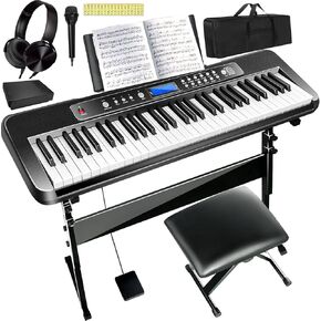 AQNIEGEP 61 Key Keyboard Piano for Beginners, Full-size Electric Piano Music Keyboard, Electronic Keyboard Piano w/Sustain Pedals、Headphones、Microphone、Stand、Bench、Music Stand、Power Supply、LCD、Bag
