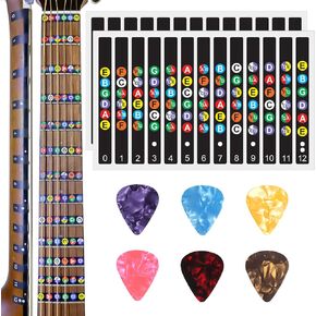 2Pcs Self Adhesive Guitar Fingerboard Stickers,1Pcs Guitar Chord Chart,with 6Pcs Guitar Picks,Two Different Thicknesses Guitar Picks(0.46 0.71mm),Best Guitar learning Tools for Beginner Learner