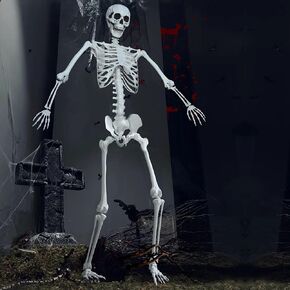 هيكل عظمي للهالوين بطول 7.8 أقدام، هيكل عظمي عملاق بالحجم الطبيعي، هيكل عظمي قابل للوضع، هيكل عظمي بشري بلاستيكي واقعي مع مفاصل متحركة لديكورات الحديقة الأمامية للهالوين