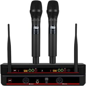 Wireless Microphone System with Bimetal Microphone, UHF Handheld Wireless Moving Coil Microphone, Auto Scan for Sing, Karaoke, Church, DJ, Party, Wedding,(GLXD92)